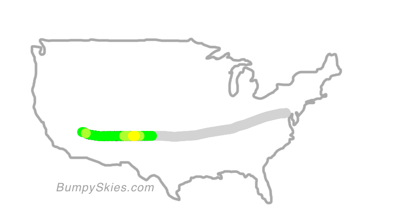 Map of continental US with illustrated flight path and turbulence forecast (described in text below)