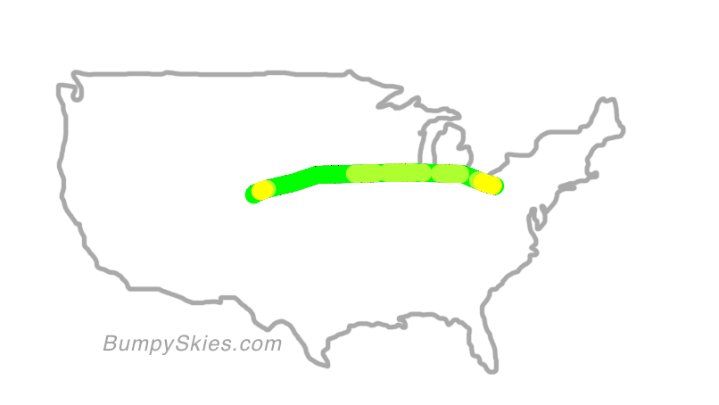 Map of continental US with illustrated flight path and turbulence forecast (described in text below)