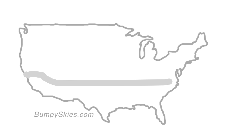 Map of continental US with illustrated flight path and turbulence forecast (described in text below)