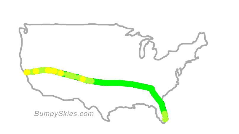 Map of continental US with illustrated flight path and turbulence forecast (described in text below)