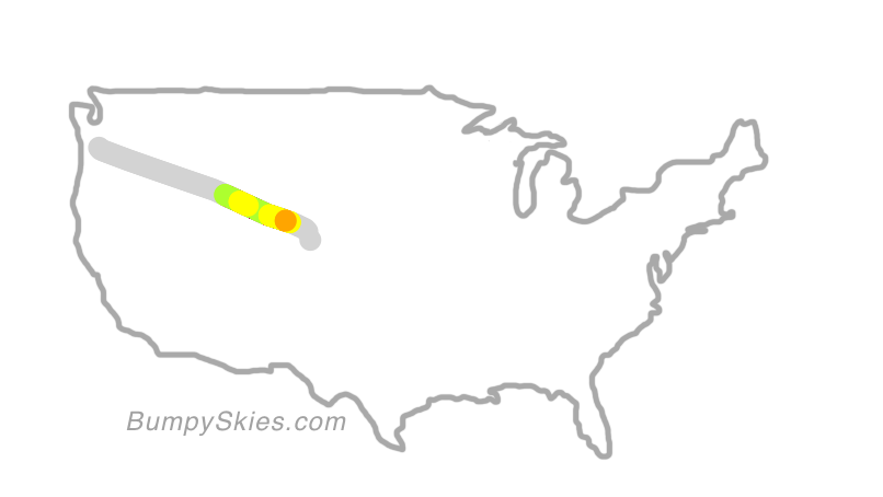 Map of continental US with illustrated flight path and turbulence forecast (described in text below)