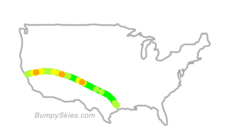 Map of continental US with illustrated flight path and turbulence forecast (described in text below)