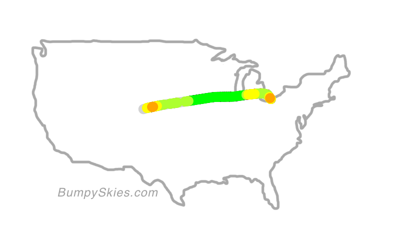 Map of continental US with illustrated flight path and turbulence forecast (described in text below)