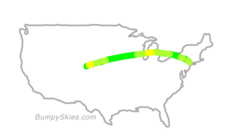 Map of continental US with illustrated flight path and turbulence forecast (described in text below)