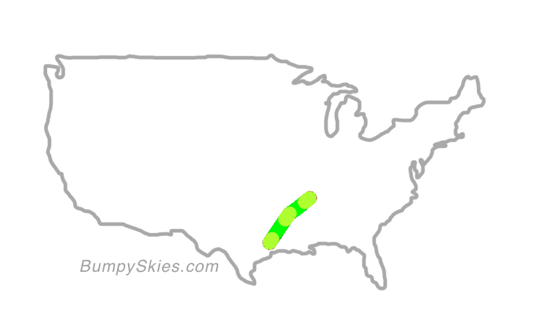 Map of continental US with illustrated flight path and turbulence forecast (described in text below)