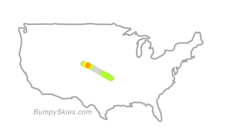 Map of continental US with illustrated flight path and turbulence forecast (described in text below)