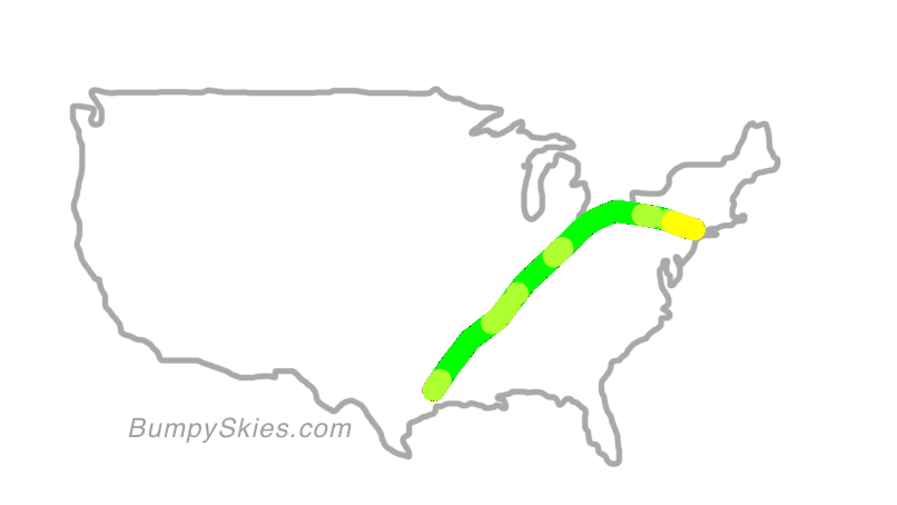 Map of continental US with illustrated flight path and turbulence forecast (described in text below)