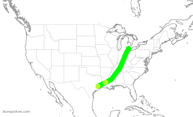 Turbulence forecast map for UAL1798, DTW to IAH
