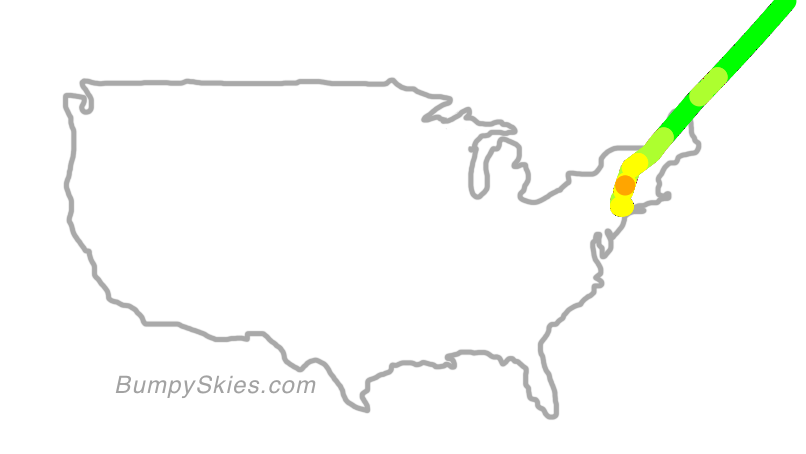 Map of continental US with illustrated flight path and turbulence forecast (described in text below)