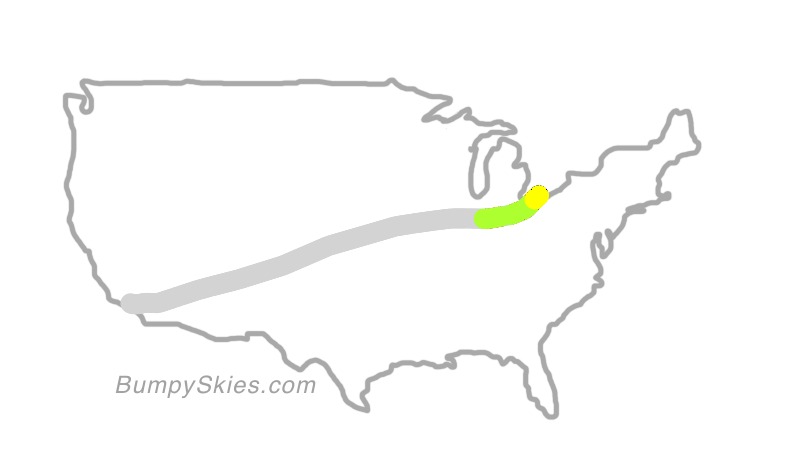 Map of continental US with illustrated flight path and turbulence forecast (described in text below)
