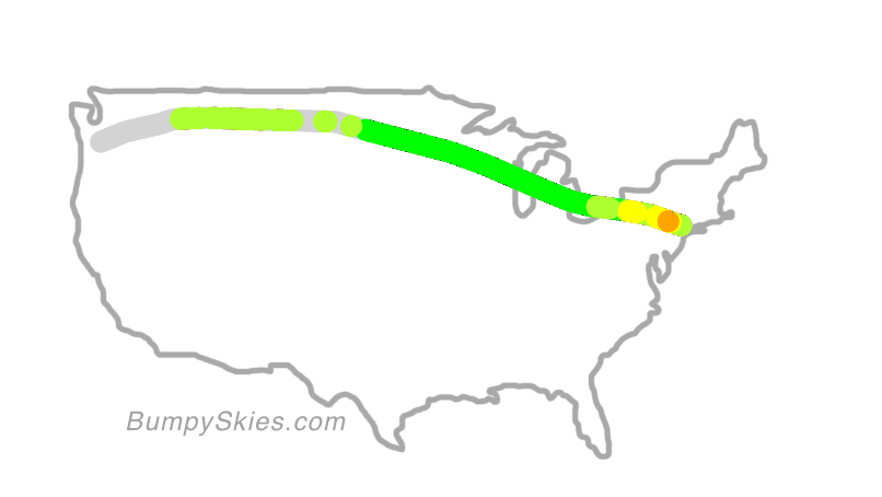 Map of continental US with illustrated flight path and turbulence forecast (described in text below)