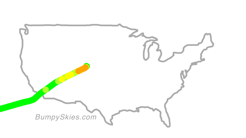 Map of continental US with illustrated flight path and turbulence forecast (described in text below)