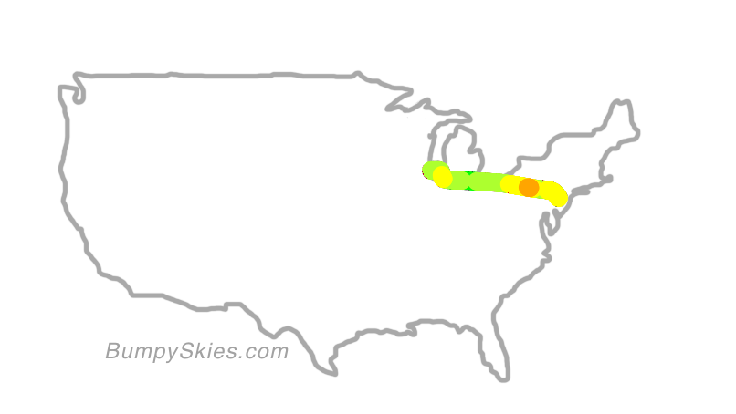 Map of continental US with illustrated flight path and turbulence forecast (described in text below)