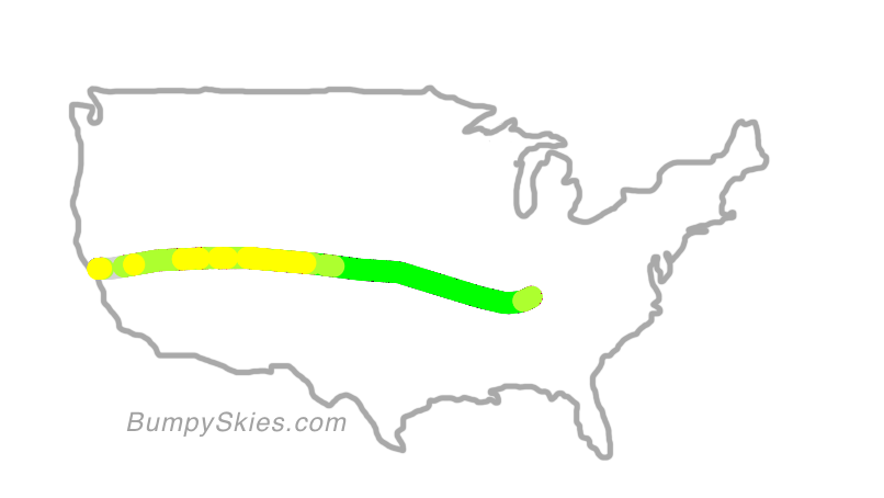 Map of continental US with illustrated flight path and turbulence forecast (described in text below)