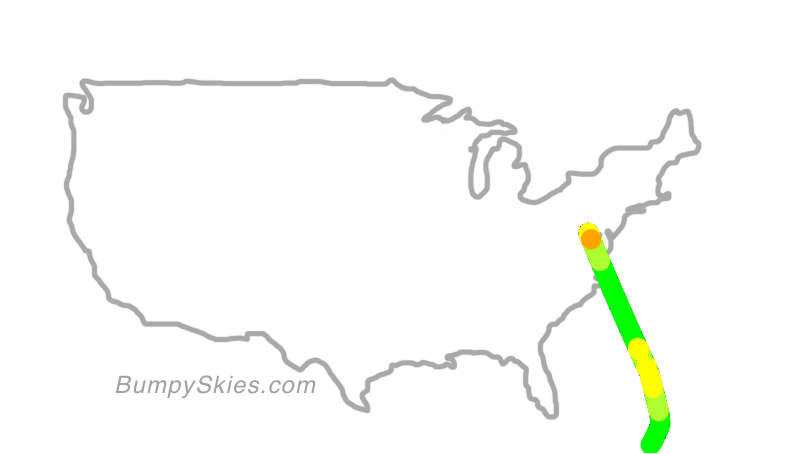 Map of continental US with illustrated flight path and turbulence forecast (described in text below)