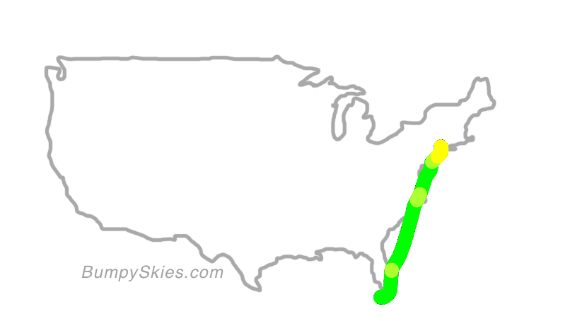 Map of continental US with illustrated flight path and turbulence forecast (described in text below)