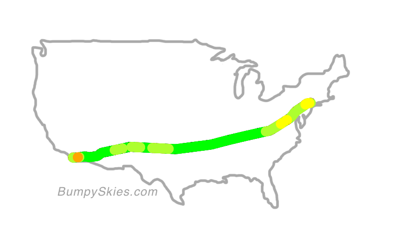 Map of continental US with illustrated flight path and turbulence forecast (described in text below)