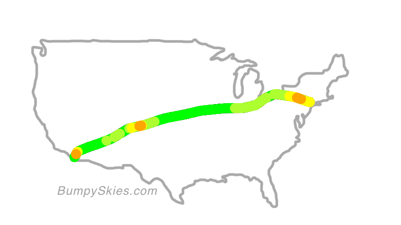 Map of continental US with illustrated flight path and turbulence forecast (described in text below)