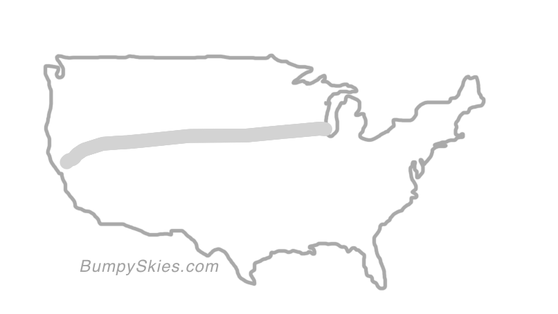 Map of continental US with illustrated flight path and turbulence forecast (described in text below)