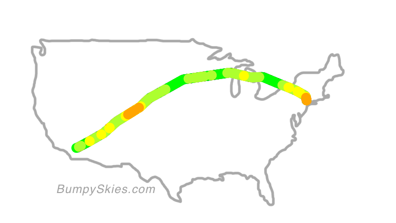Map of continental US with illustrated flight path and turbulence forecast (described in text below)