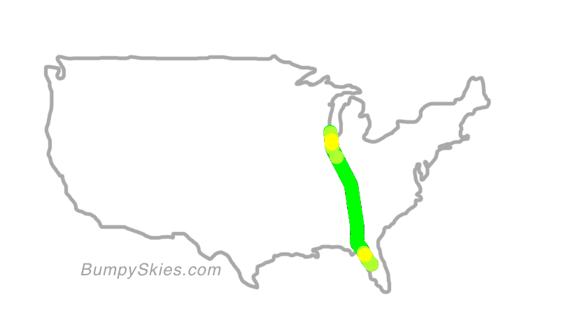 Map of continental US with illustrated flight path and turbulence forecast (described in text below)