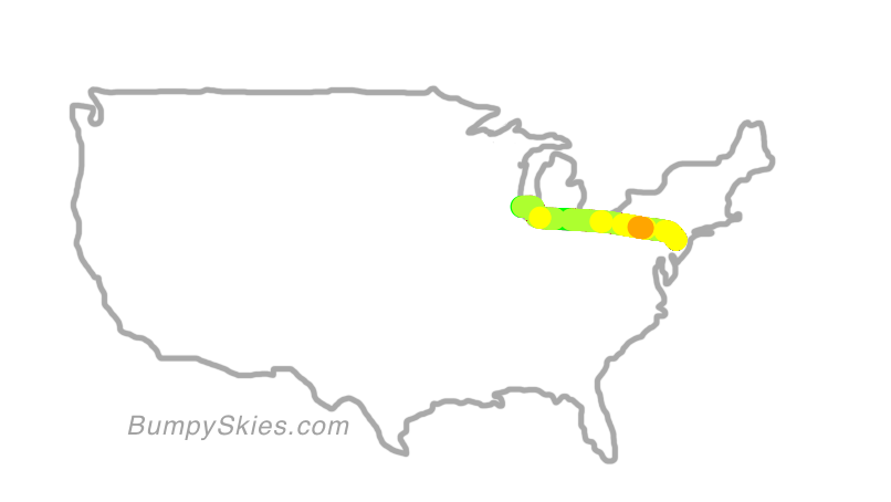 Map of continental US with illustrated flight path and turbulence forecast (described in text below)