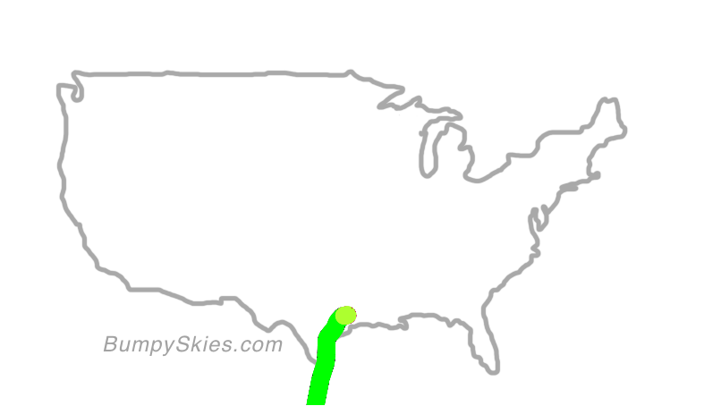 Map of continental US with illustrated flight path and turbulence forecast (described in text below)