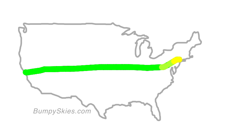 Map of continental US with illustrated flight path and turbulence forecast (described in text below)