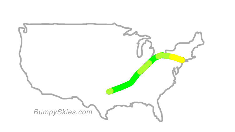 Map of continental US with illustrated flight path and turbulence forecast (described in text below)