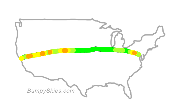 Map of continental US with illustrated flight path and turbulence forecast (described in text below)