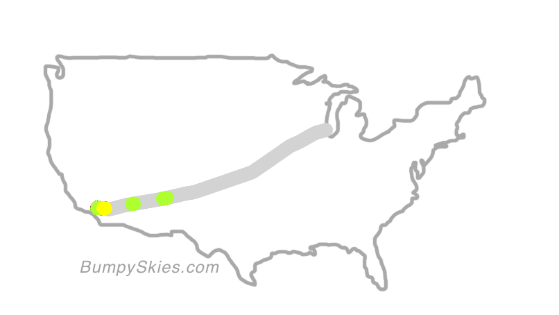 Map of continental US with illustrated flight path and turbulence forecast (described in text below)