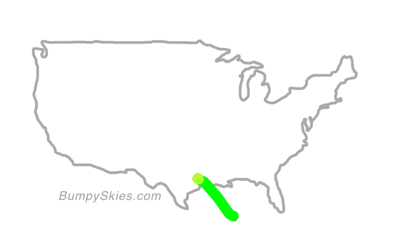 Map of continental US with illustrated flight path and turbulence forecast (described in text below)