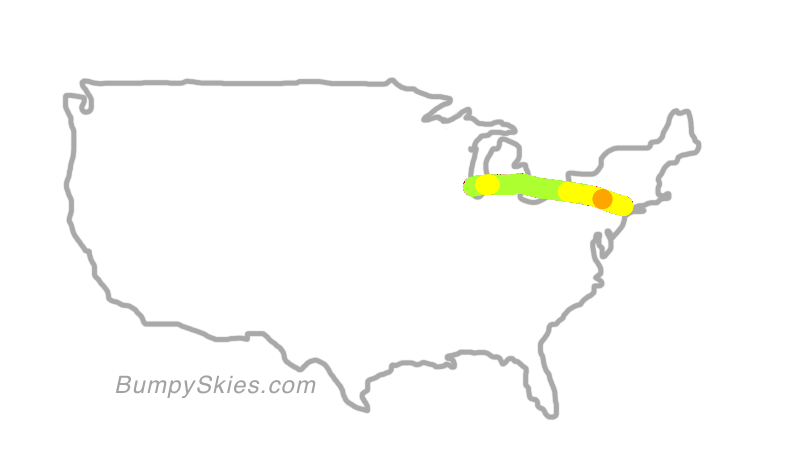 Map of continental US with illustrated flight path and turbulence forecast (described in text below)