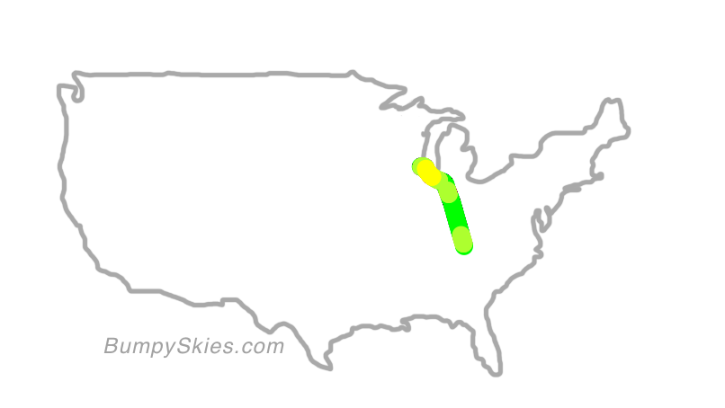 Map of continental US with illustrated flight path and turbulence forecast (described in text below)