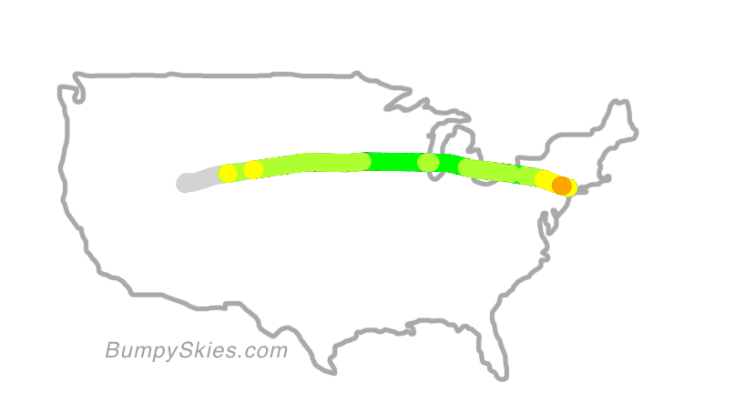 Map of continental US with illustrated flight path and turbulence forecast (described in text below)