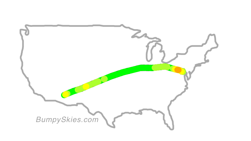 Map of continental US with illustrated flight path and turbulence forecast (described in text below)