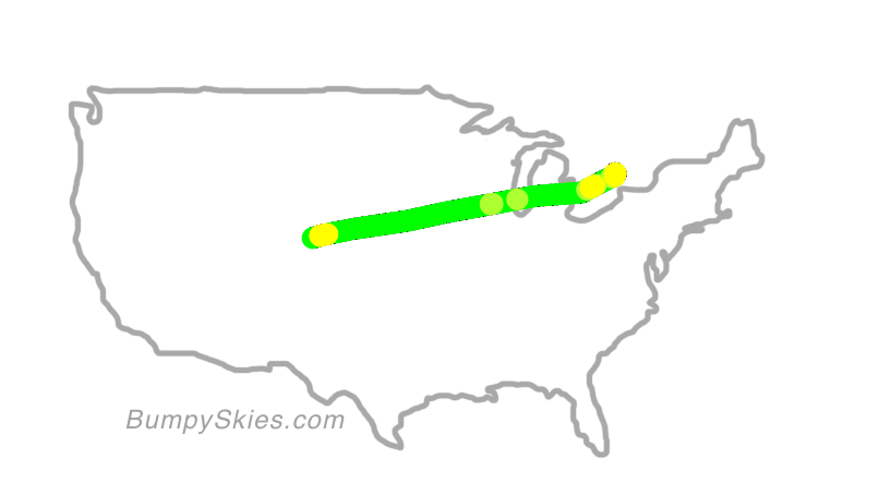 Map of continental US with illustrated flight path and turbulence forecast (described in text below)