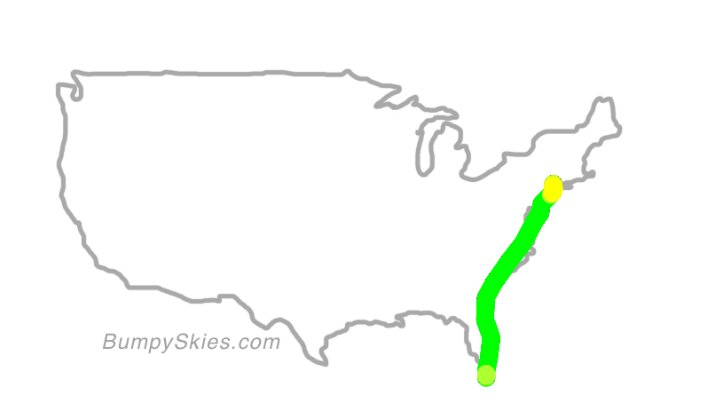 Map of continental US with illustrated flight path and turbulence forecast (described in text below)
