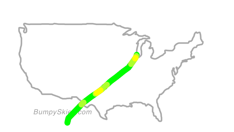 Map of continental US with illustrated flight path and turbulence forecast (described in text below)