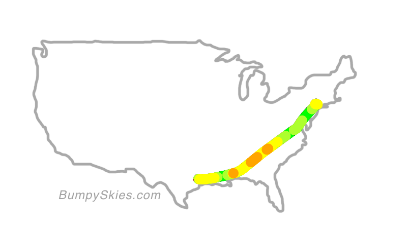 Map of continental US with illustrated flight path and turbulence forecast (described in text below)