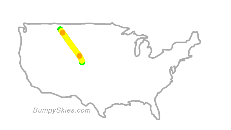 Map of continental US with illustrated flight path and turbulence forecast (described in text below)