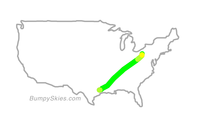 Map of continental US with illustrated flight path and turbulence forecast (described in text below)
