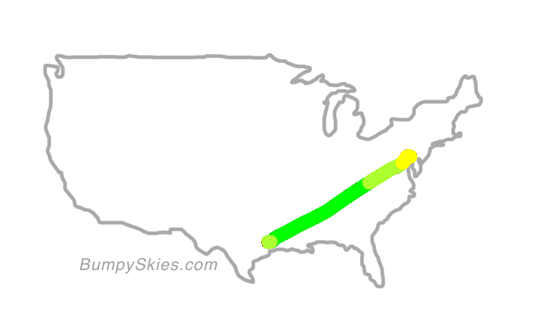 Map of continental US with illustrated flight path and turbulence forecast (described in text below)