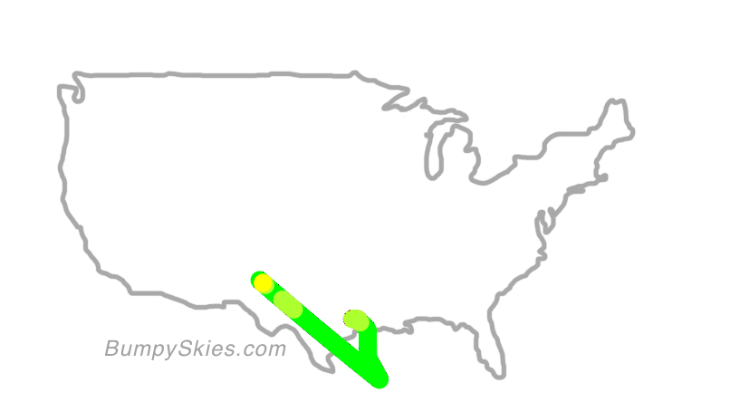 Map of continental US with illustrated flight path and turbulence forecast (described in text below)