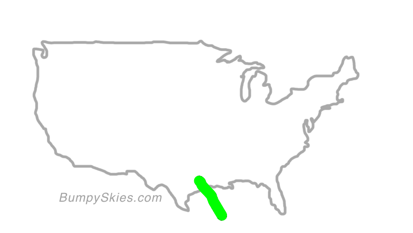 Map of continental US with illustrated flight path and turbulence forecast (described in text below)