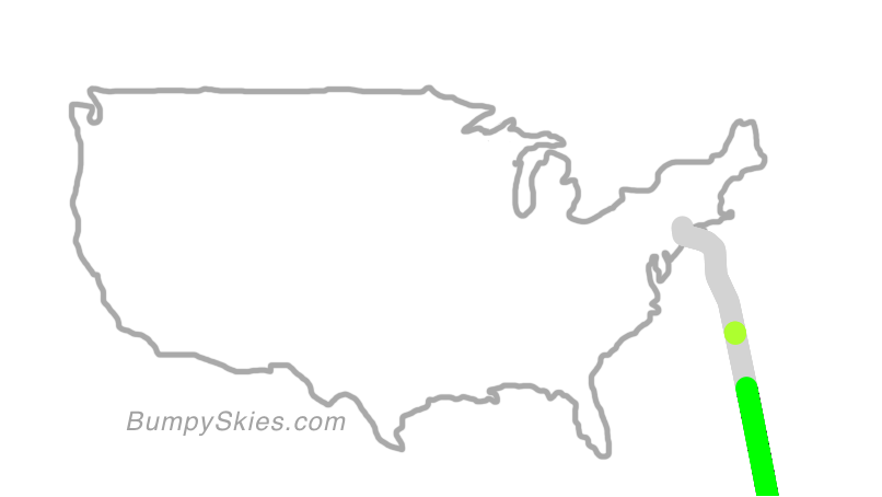 Map of continental US with illustrated flight path and turbulence forecast (described in text below)