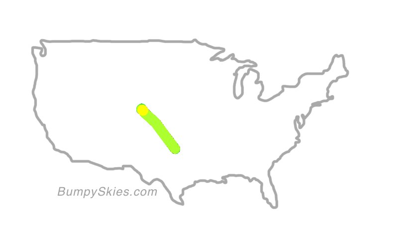 Map of continental US with illustrated flight path and turbulence forecast (described in text below)