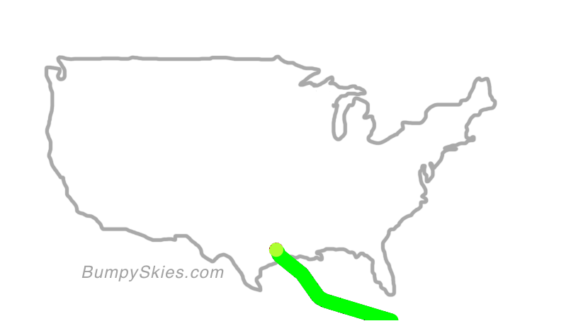 Map of continental US with illustrated flight path and turbulence forecast (described in text below)
