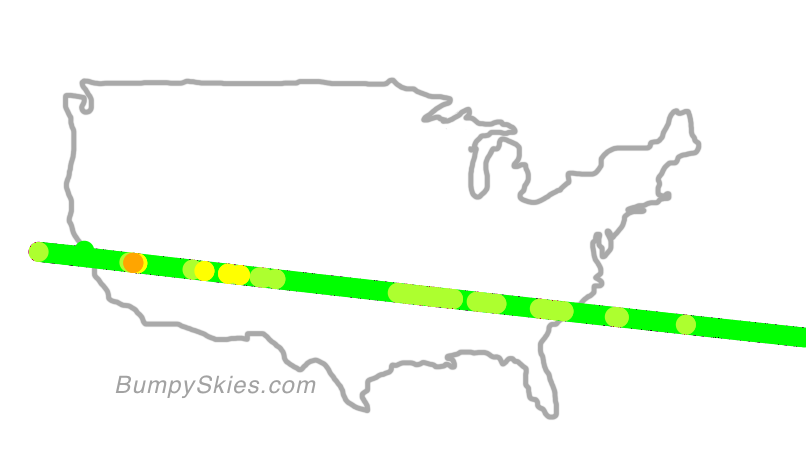 Map of continental US with illustrated flight path and turbulence forecast (described in text below)