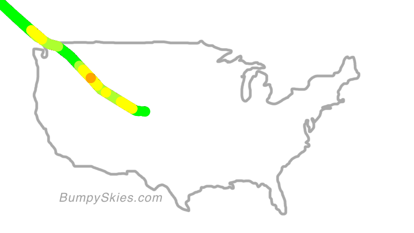 Map of continental US with illustrated flight path and turbulence forecast (described in text below)